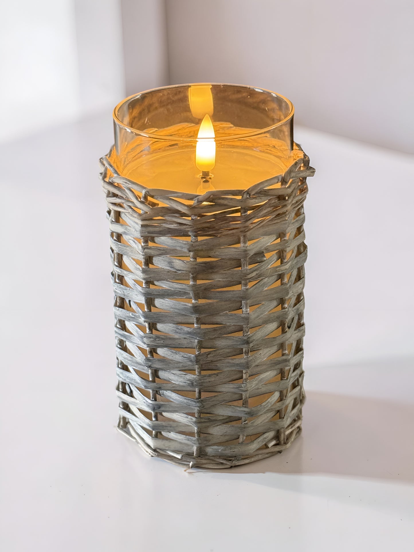 Glass Wicker Candle 6”H