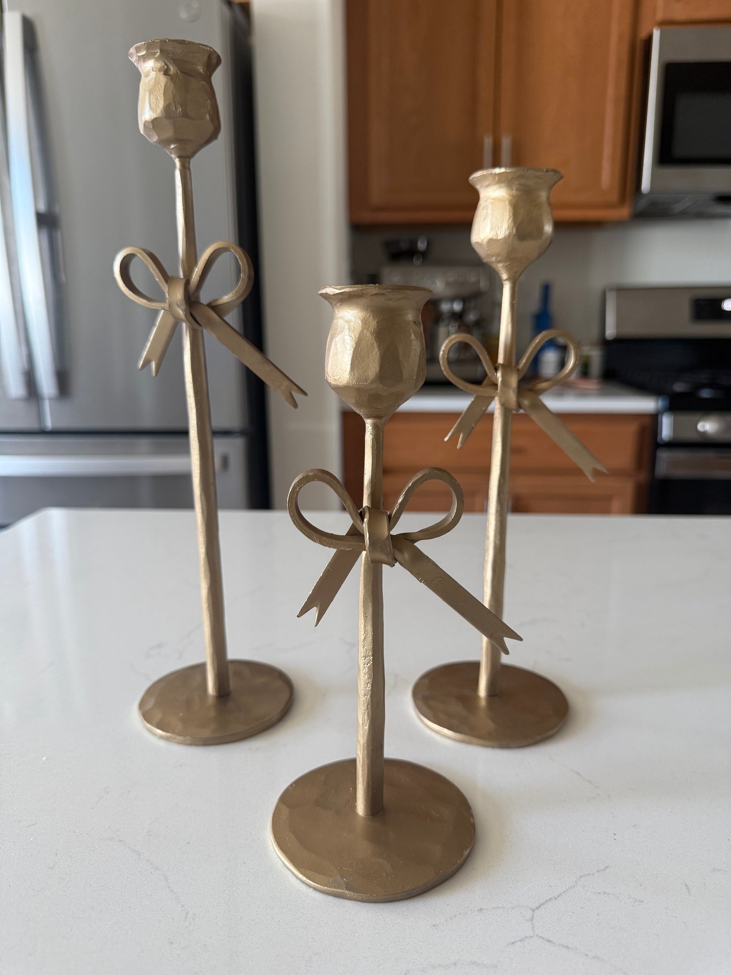 Cast Iron Taper Holders Bow Antique Gold Finish
