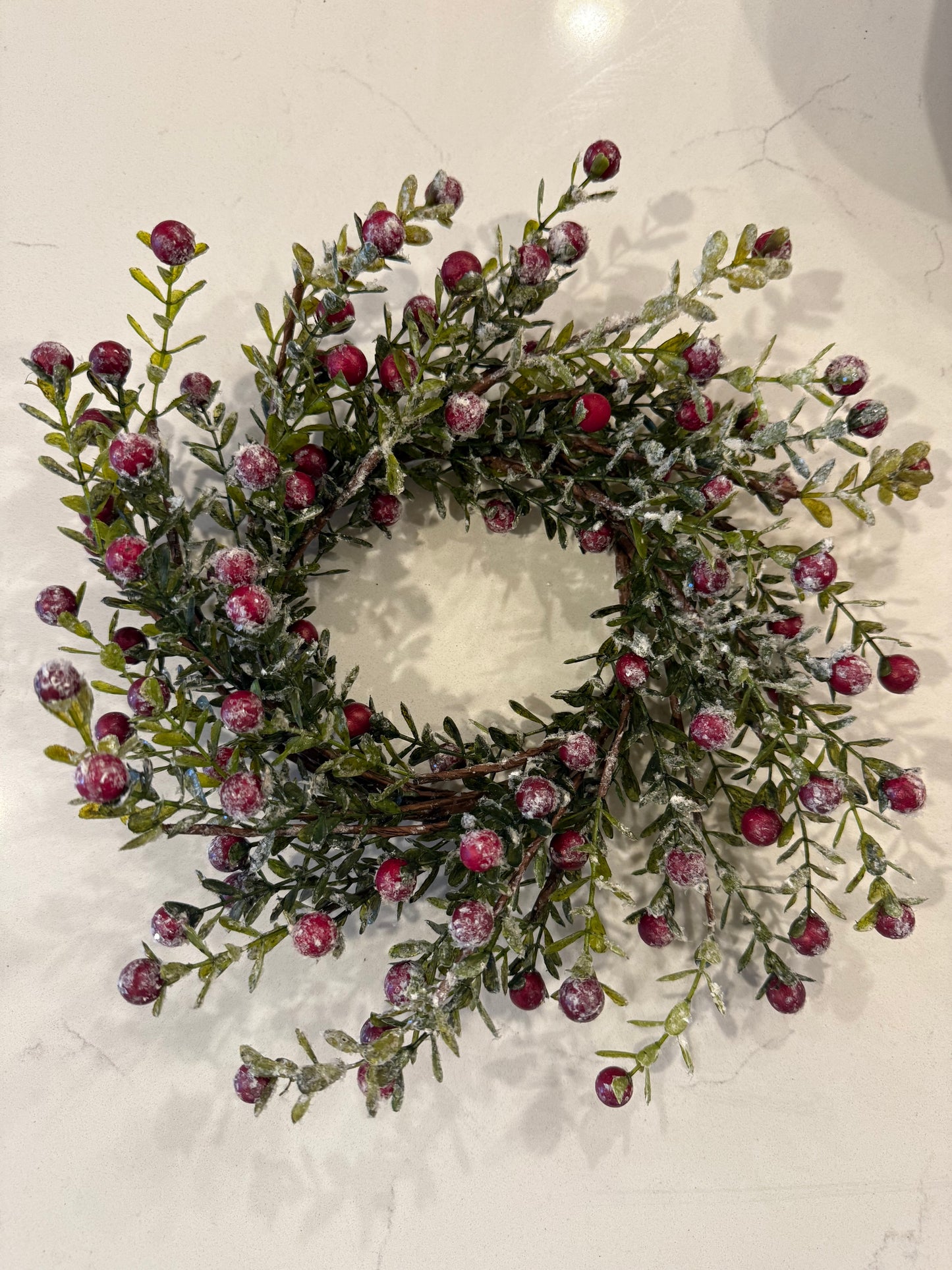 Glittered Snowy Red Berry Leaf Candle Ring -12.5”