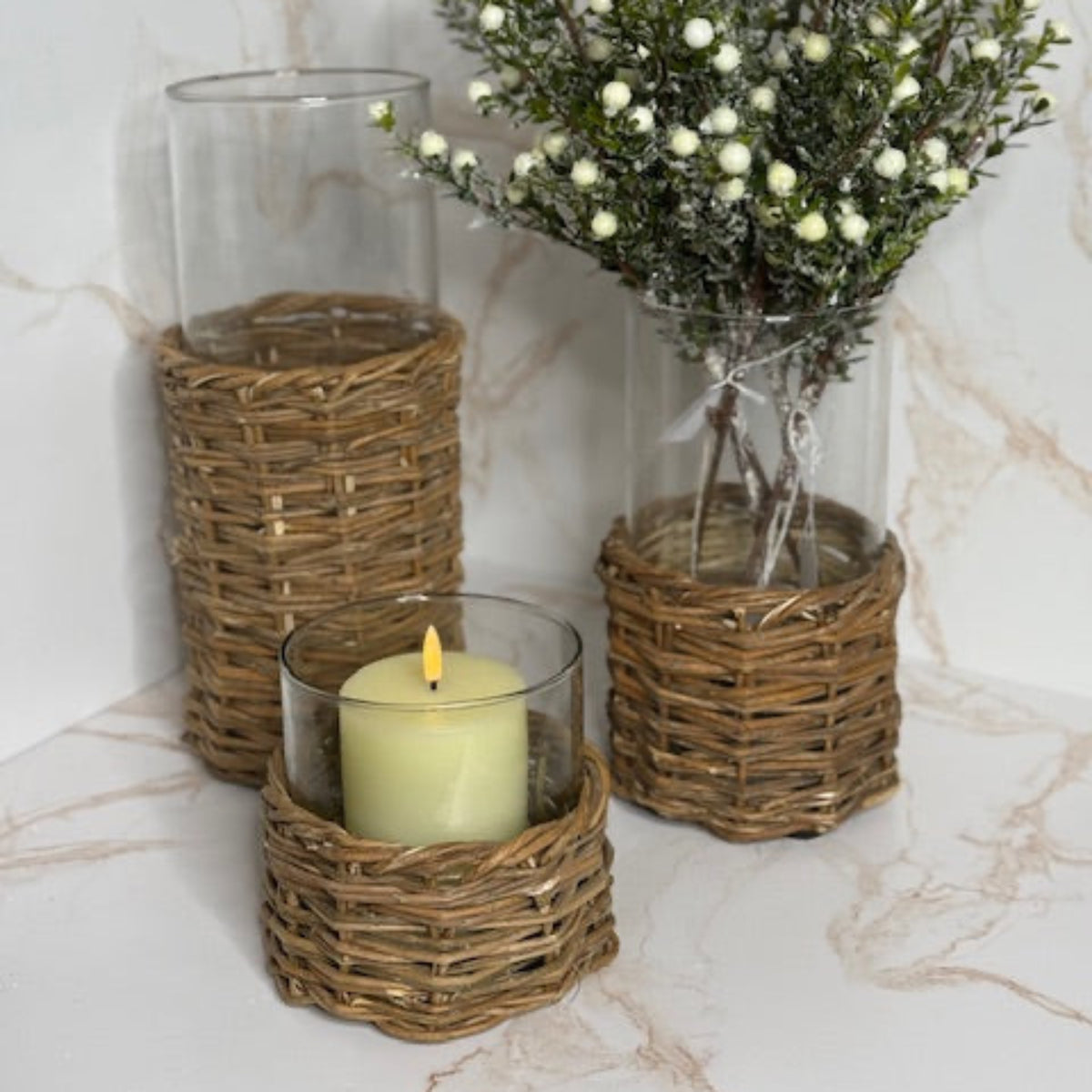 Glass Cylinders in Woven Rattan Basket