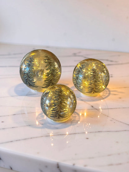 LED Gold Mercury Glass Tabletop Globes with Pine Tree