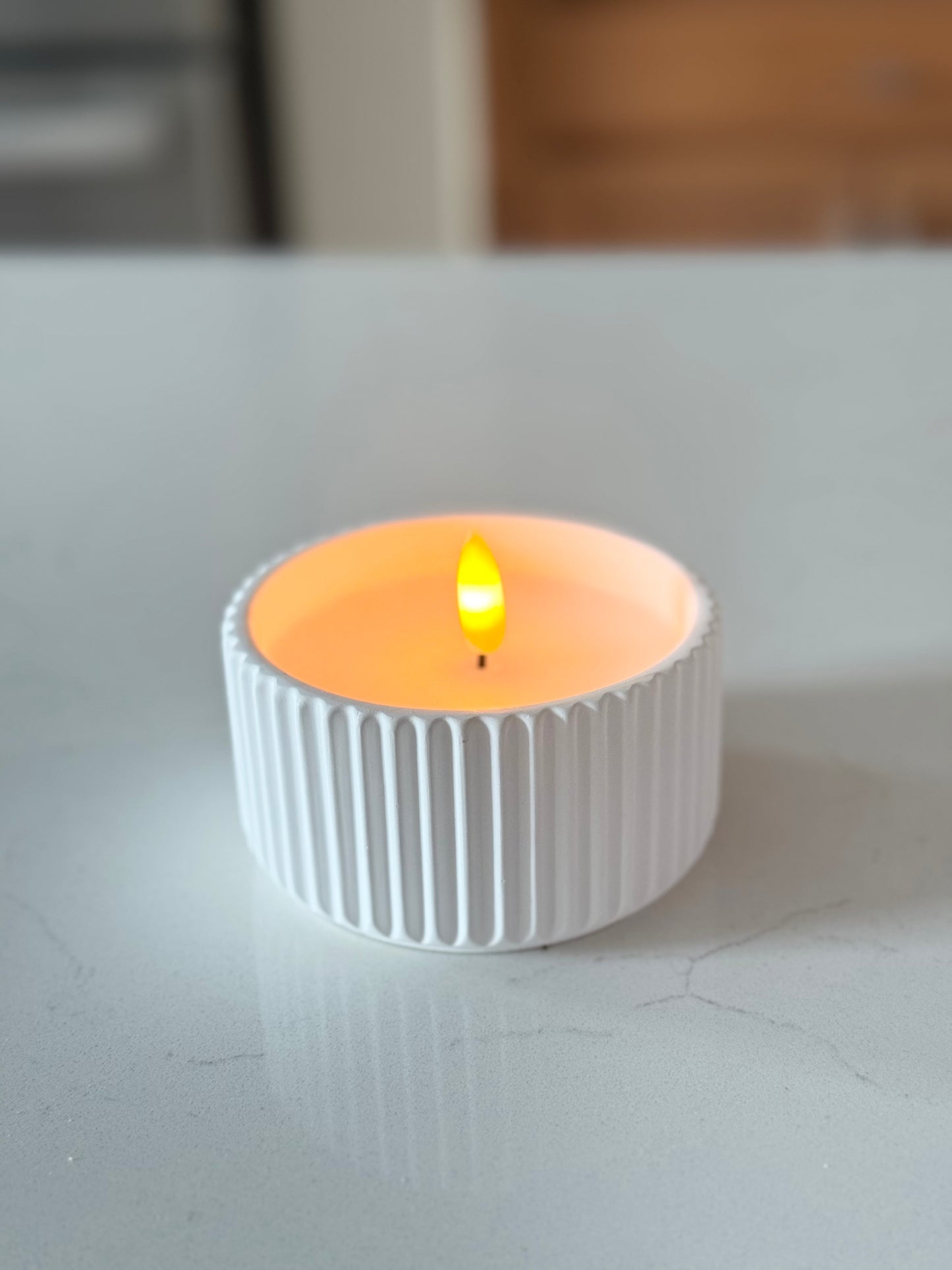 Flameless Ribbed Cement Candle -2.25"H