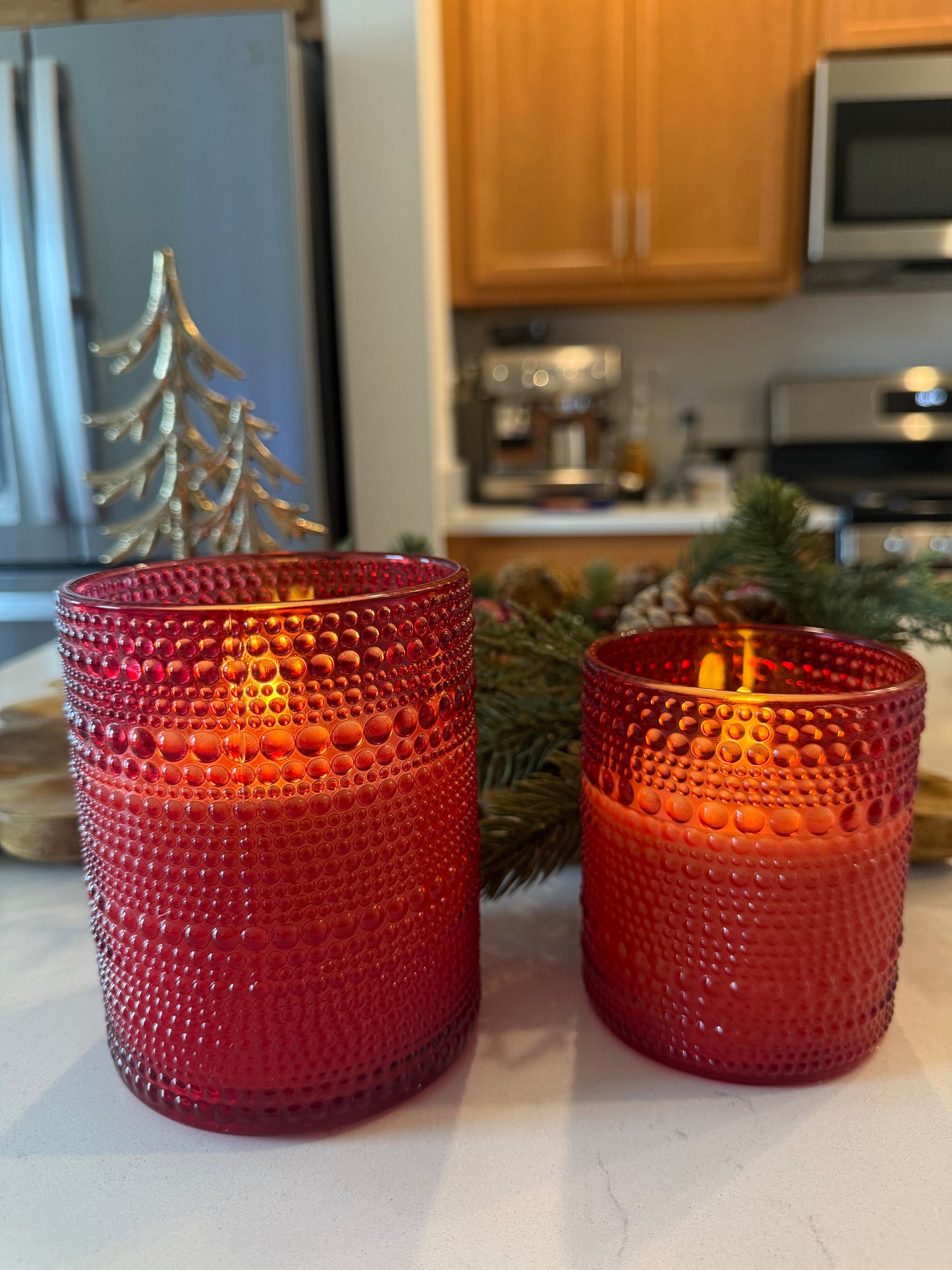 Red Dotted Glass Flameless Candle 5”H