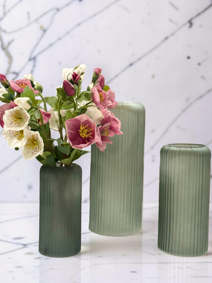 Frosted Green Ribbed Glass Vases