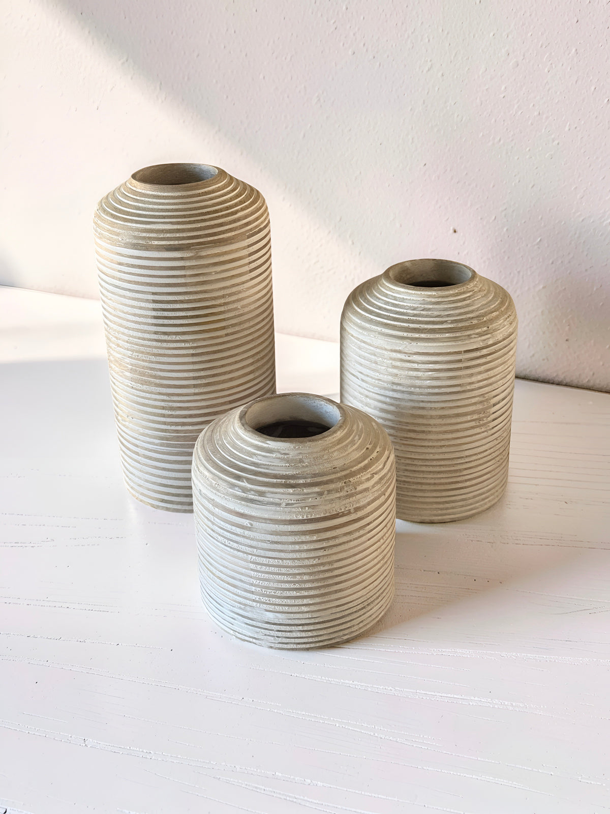 Whitewashed Wood Carved Stripe Vases