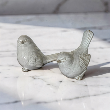 Cream and Taupe Glazed Ceramic Birds