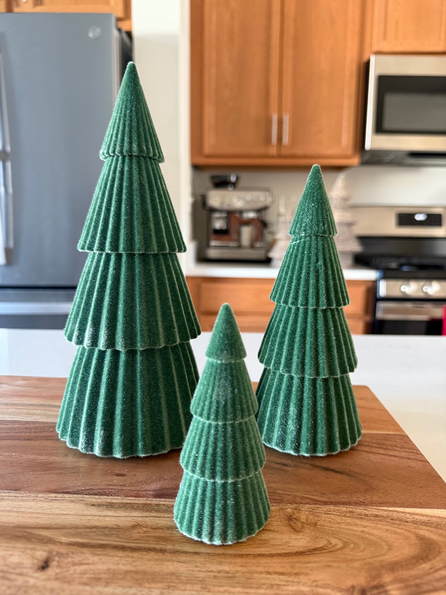 Green Velvet Flocked Trees - Set of 3