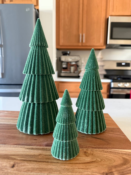 Green Velvet Flocked Trees - Set of 3