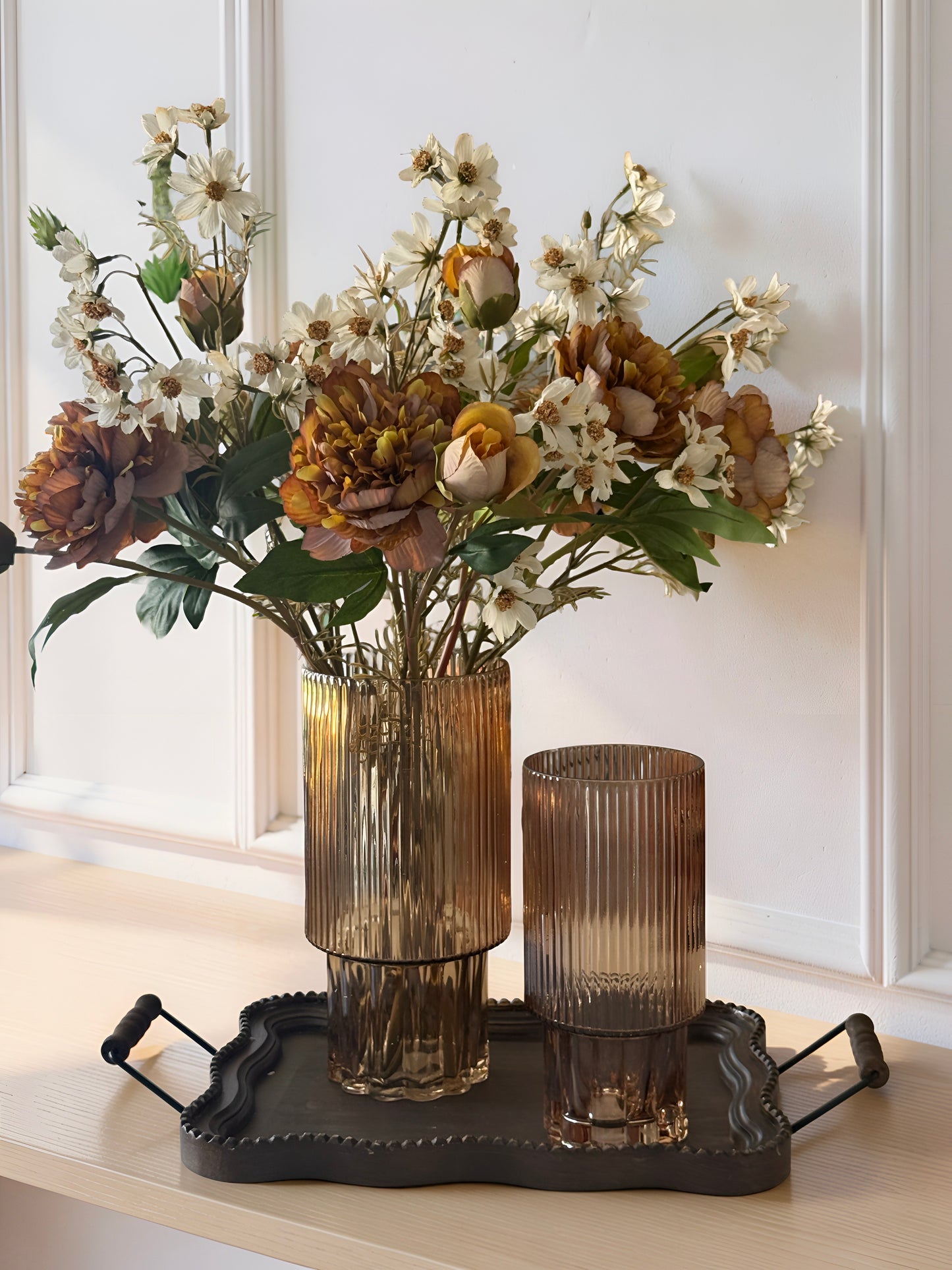 Beige Line Pressed Glass Vases