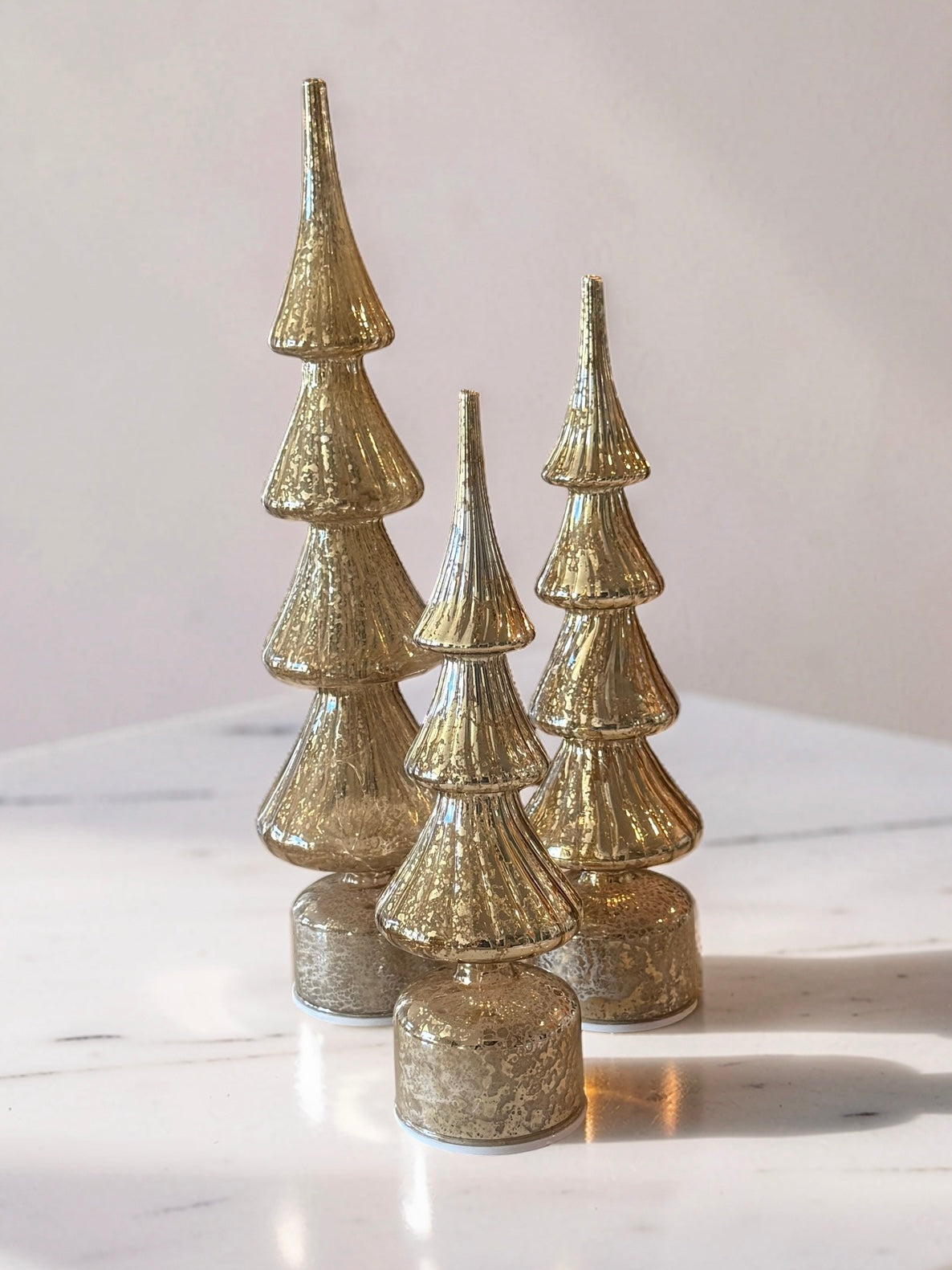 Rotating Ribbed Gold Mercury Glass LED Trees with Timers