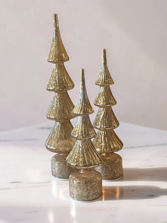 Rotating Ribbed Gold Mercury Glass LED Trees with Timers