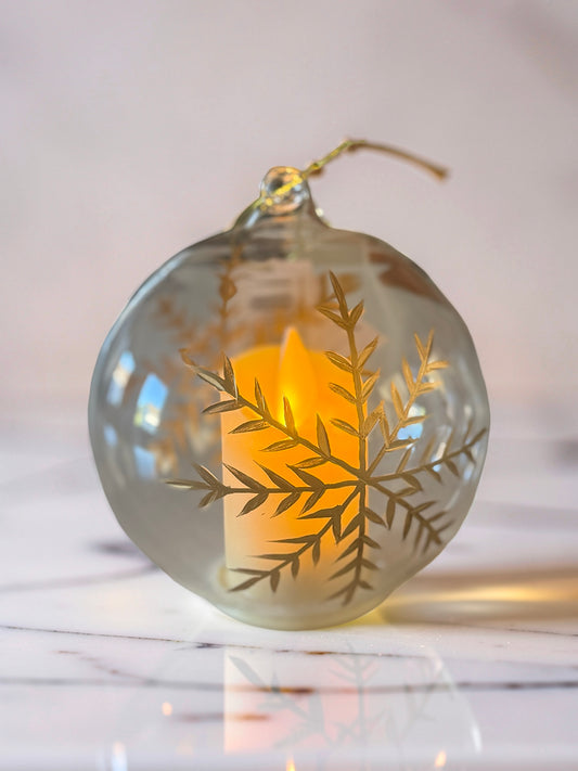 LED Clear Glass Gold Gilded Etched Snowflake Ornament with Timer