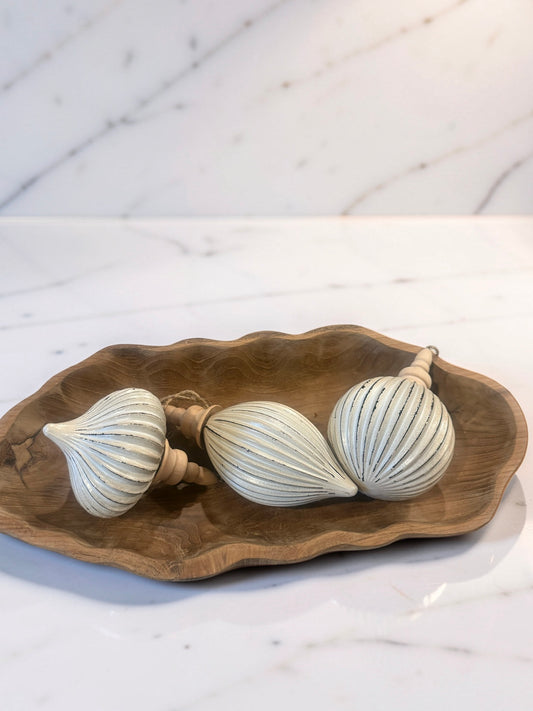 Assorted White Distressed Finish Glass Ornaments with Wood Top