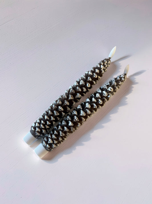 Snow Painted Brown Wax LED Pinecone Taper Candles with Timers