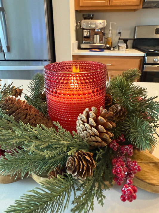 Red Dotted Glass Flameless Candle 5”H