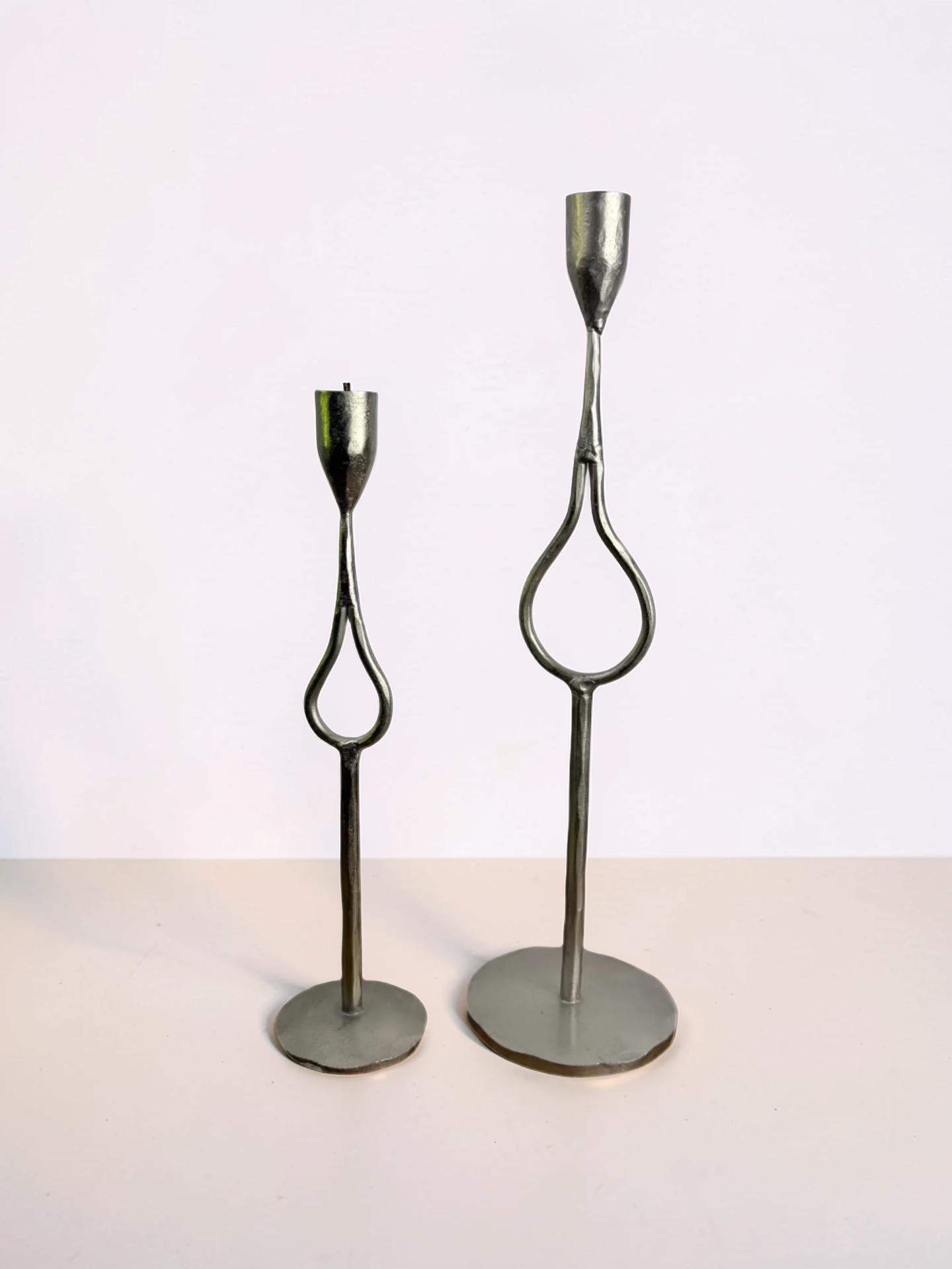 Hand-Forged Iron Taper Holders, Antique Silver Finish, Set of 2