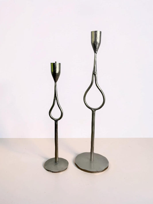 Hand-Forged Iron Taper Holders, Antique Silver Finish, Set of 2
