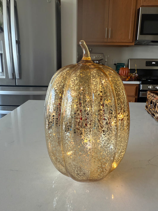 Gold Crackle Glass LED Pumpkin -8.5''