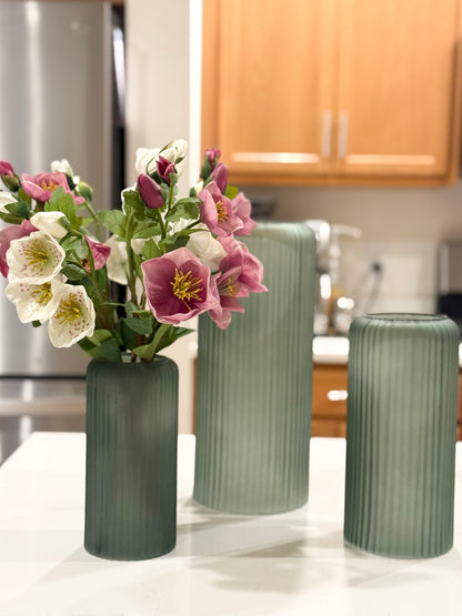 Frosted Green Ribbed Glass Vases
