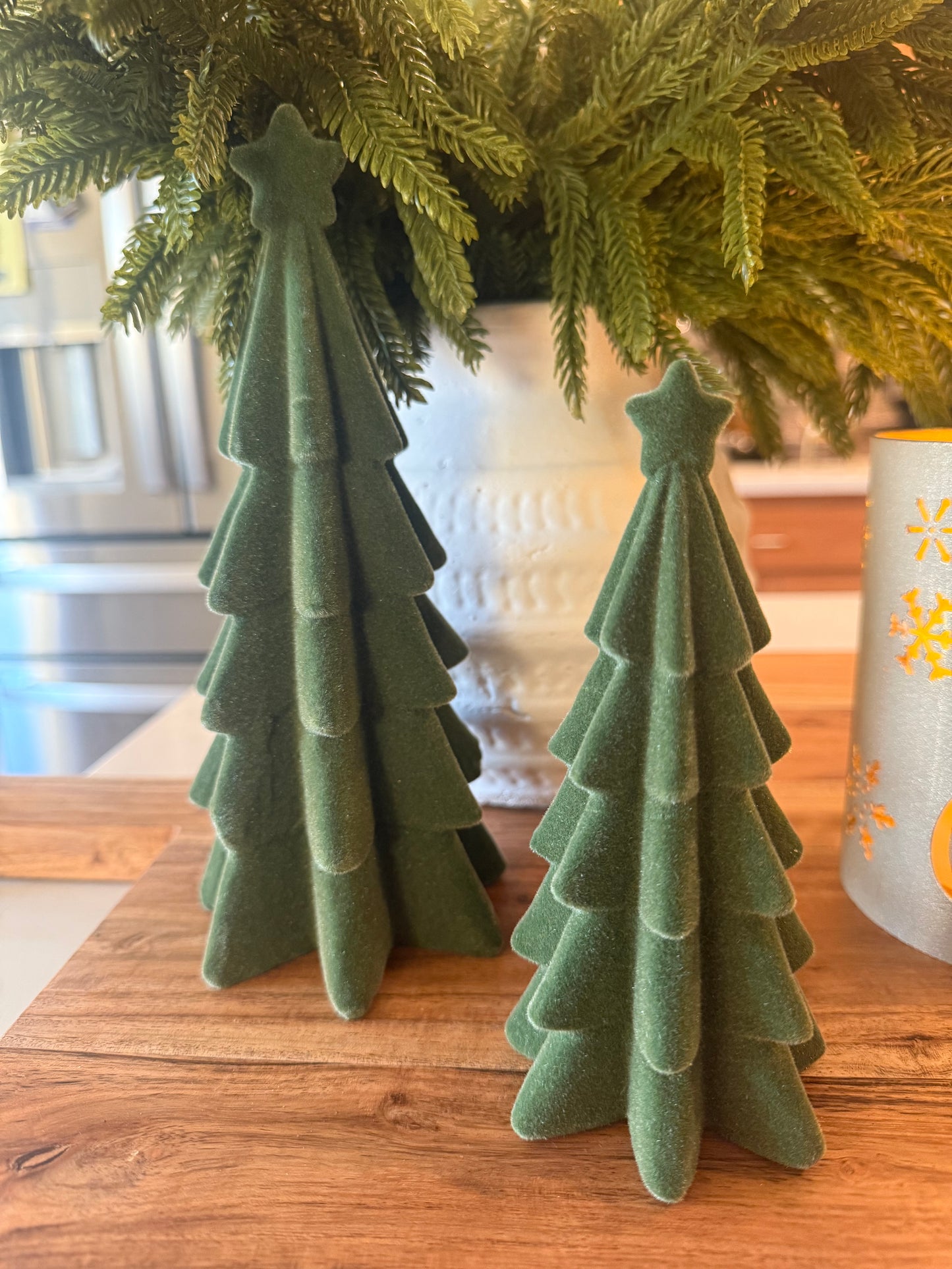 Green Velvet Trees With Star - set of 2