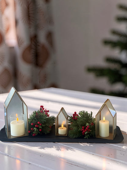 Vintage Glass and Brass House Set of 3