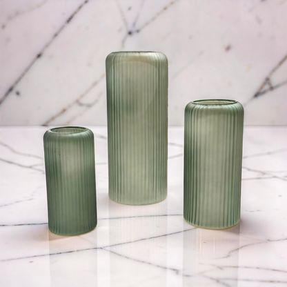 Frosted Green Ribbed Glass Vases