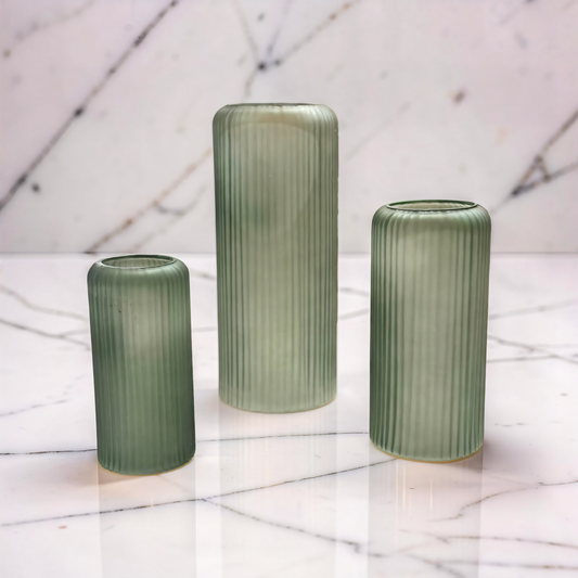 Frosted Green Ribbed Glass Vases