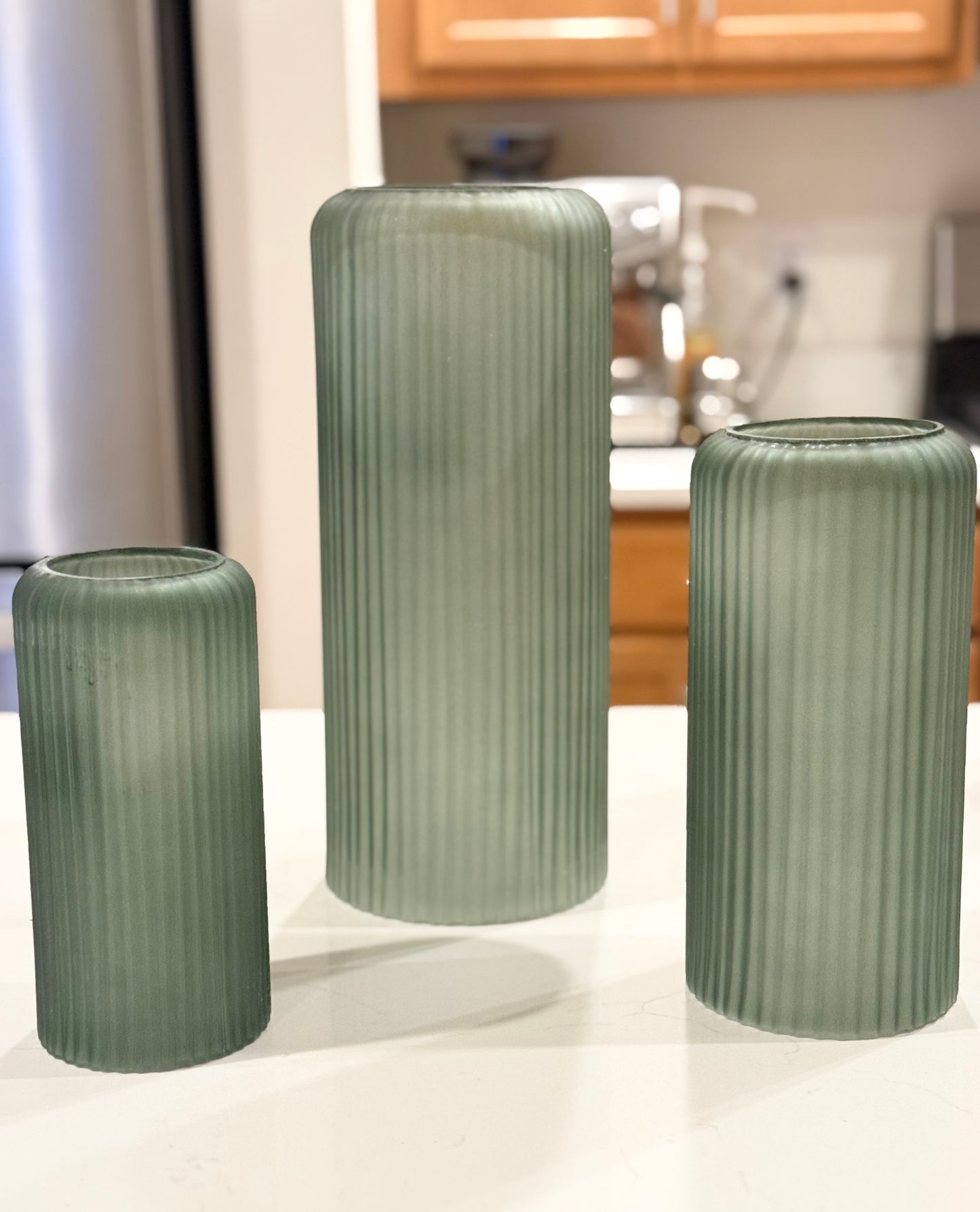 Frosted Green Ribbed Glass Vases