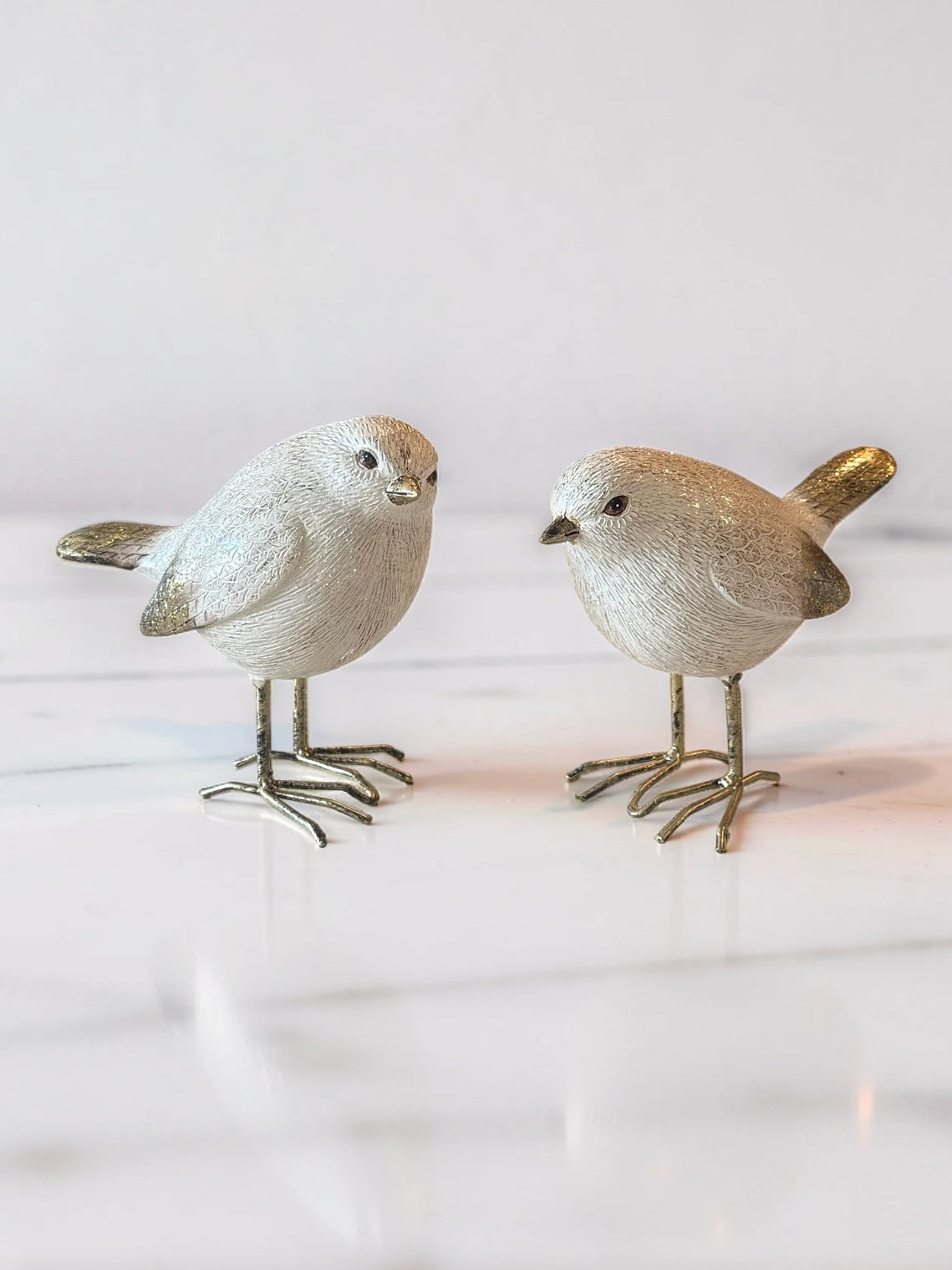 White and Gold Glittered Birds with Metal Legs