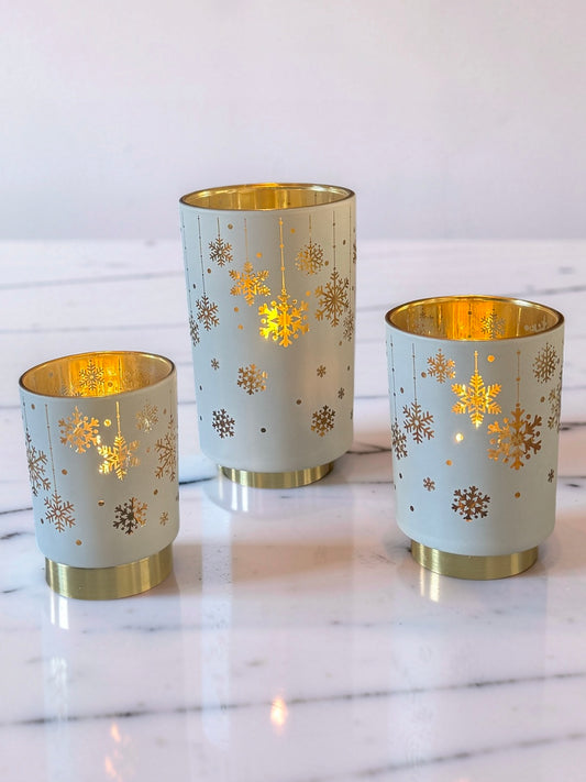 White and Gold Interior Snowflake Glass Cylinders with LED and Timers