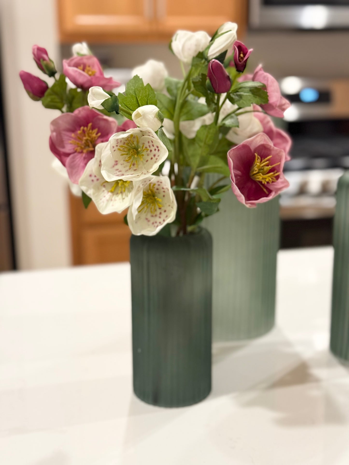 Frosted Green Ribbed Glass Vases