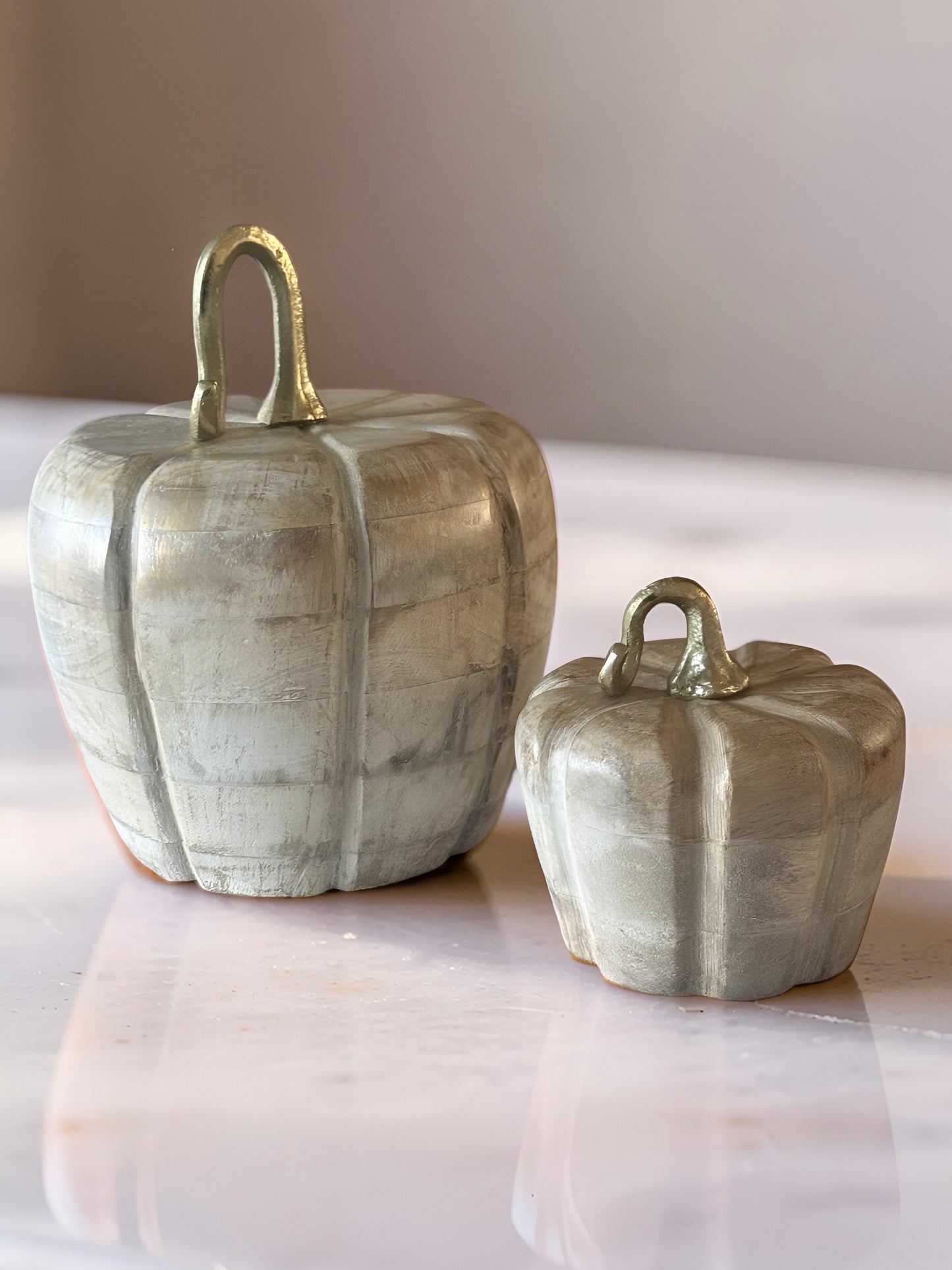 Distressed White and Gold Washed Wood Pumpkins
