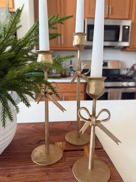 Cast Iron Taper Holders Bow Antique Gold Finish
