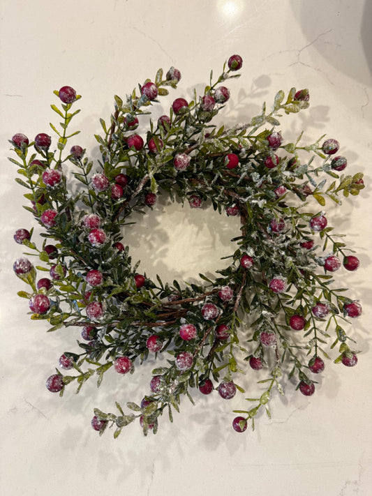 Glittered Snowy Red Berry Leaf Candle Ring -12.5”