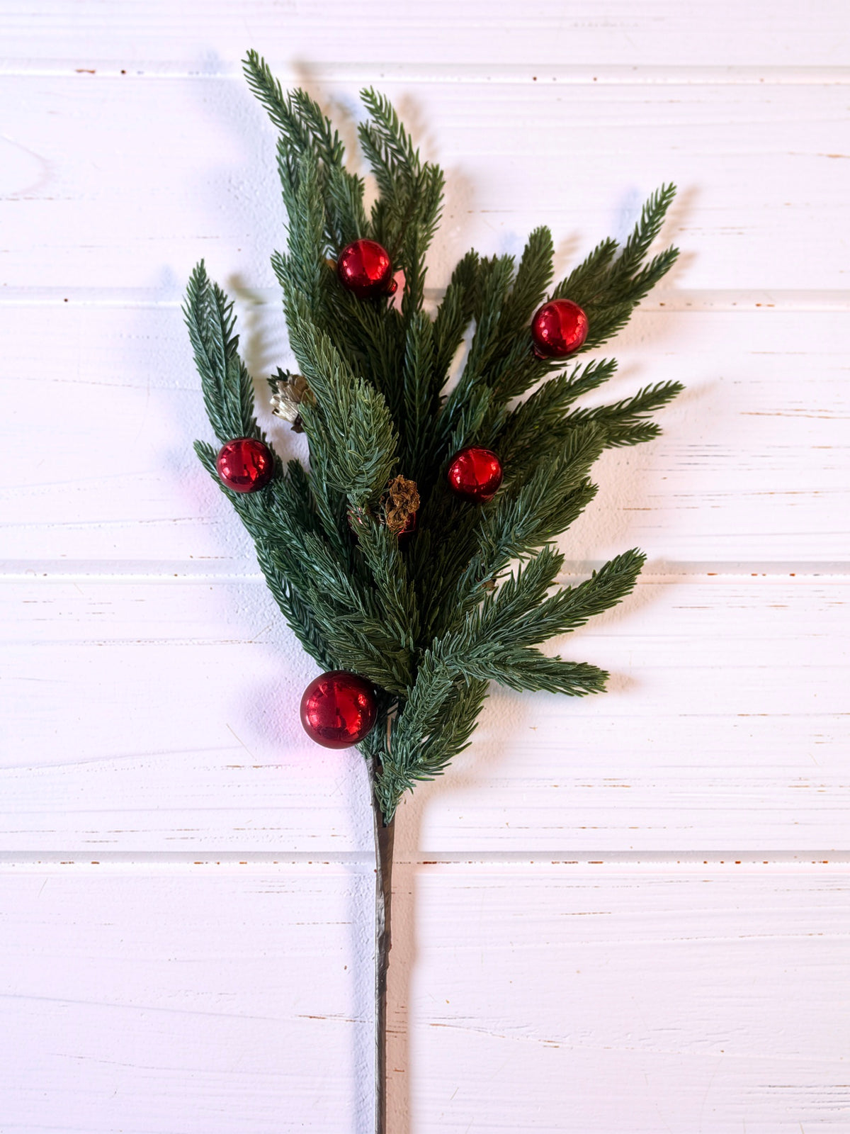 Real Touch Pine Stem with Red Ornaments & Mini Pinecones