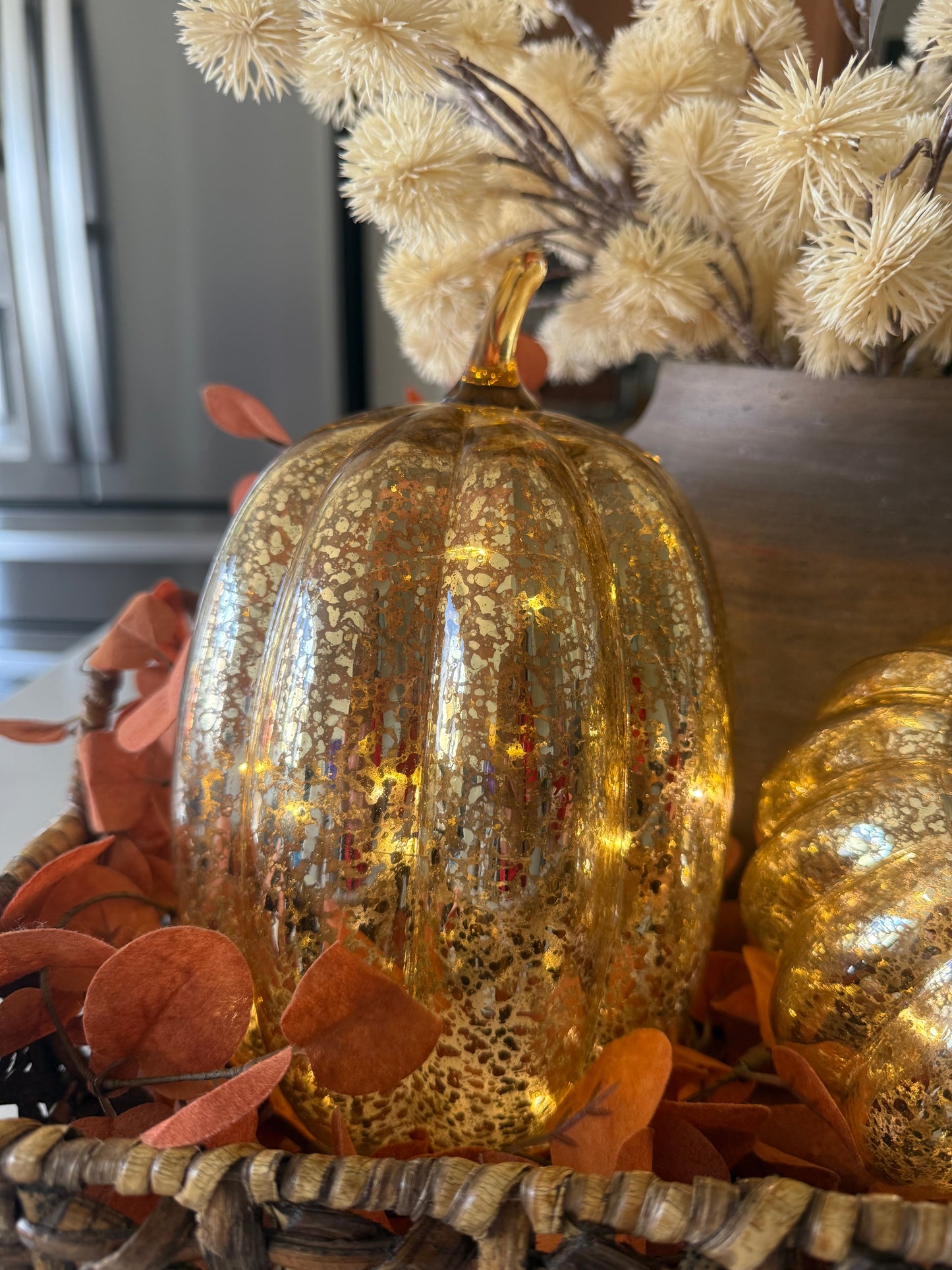 Gold Crackle Glass LED Pumpkin -8.5''