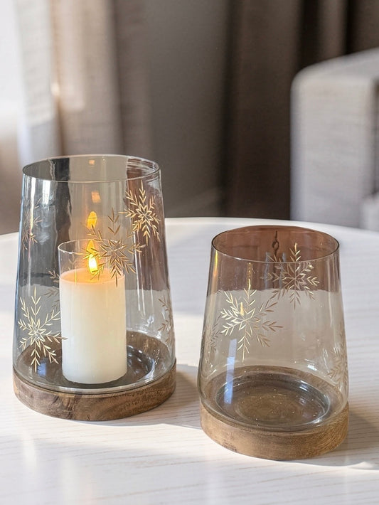 Etched Snowflake Glass with Wood Bottom