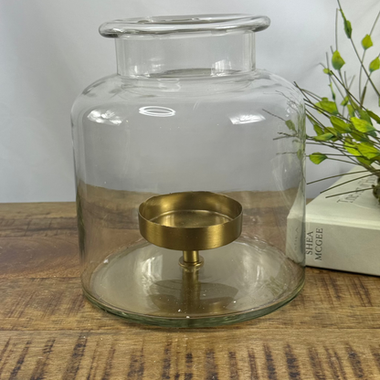 Glass Hurricane with Gold Pillar Candleholder