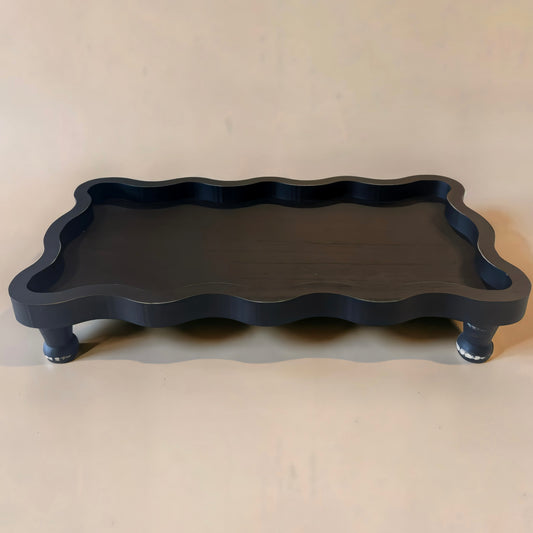 Black Scalloped Raised Wood Tray - 17.25”