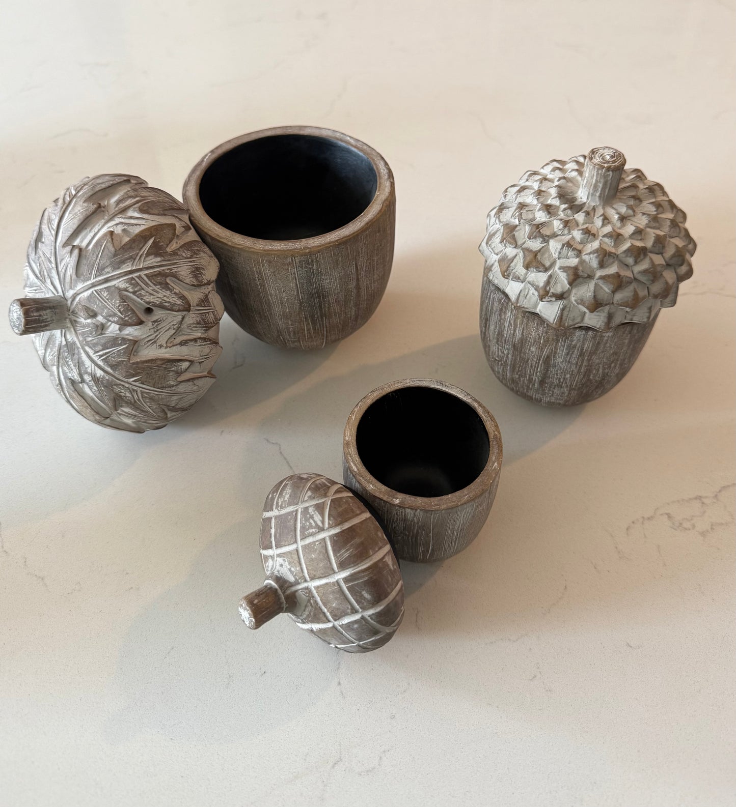 Whitewashed Resin Acorn Lidded Container Set of 3