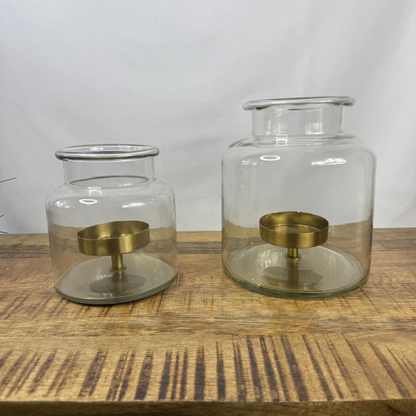 Glass Hurricane with Gold Pillar Candleholder