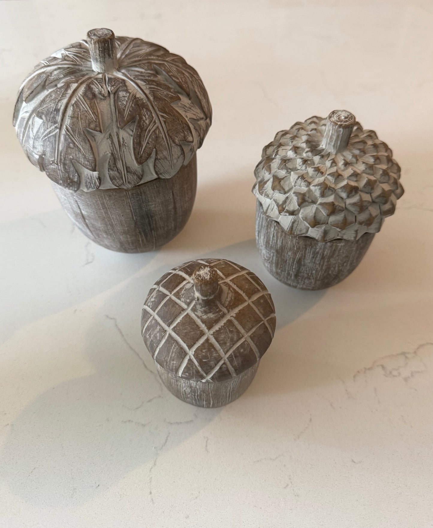 Whitewashed Resin Acorn Lidded Container Set of 3