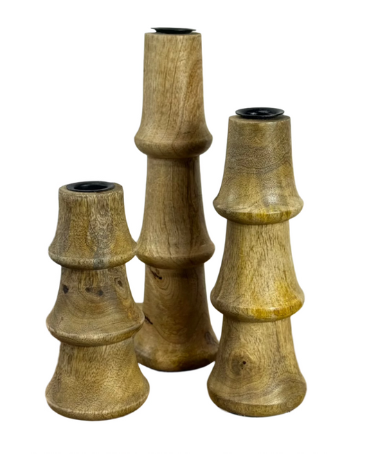 Carved Wood Candle Holder - Set of 3