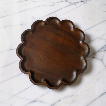Dark Wood Scalloped Tray - 14.25”