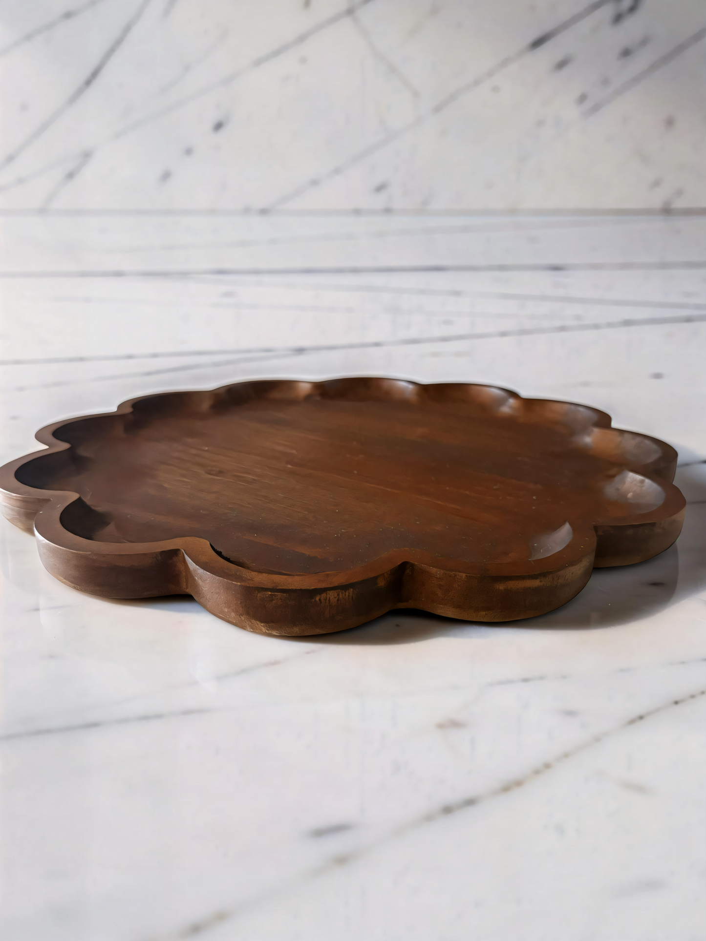 Dark Wood Scalloped Tray - 14.25”