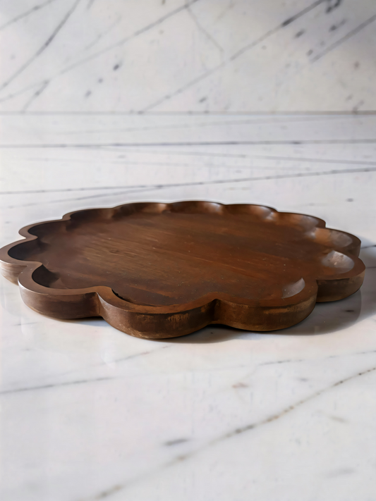 Dark Wood Scalloped Tray - 14.25”