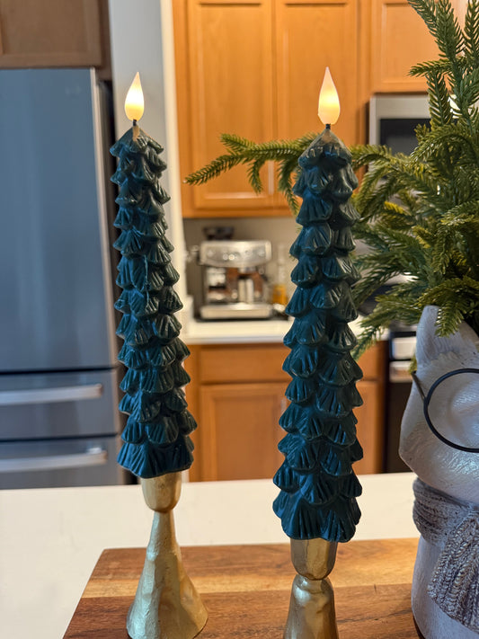 LED Green Tree Taper Candles -set of 2