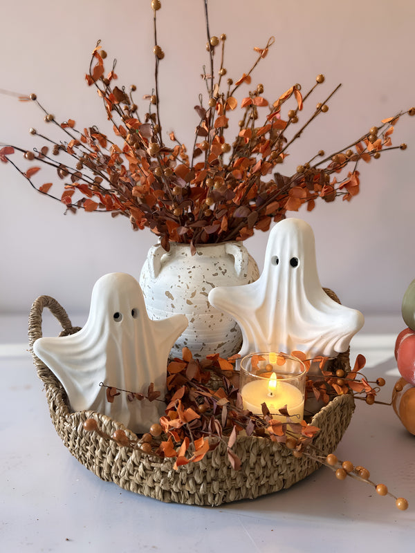 A few cozy fall stems, our adorable ghost decor, and the soft glow of a candle create the sweetest Halloween display. It’s simple, warm, and perfect for adding a touch of seasonal charm to your home.What do you think? Would you style this on your kitchen island or dining table? 🧡✨ Shop the look while supplies last—our seasonal pieces are available in limited quantities and many won’t be restocked. 🤍